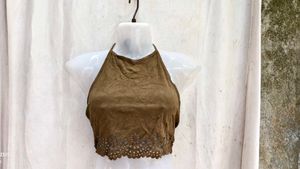 I. Brown Suede Cut-out Crop Top