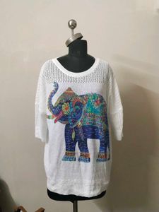 White Elephant Print Knit Top