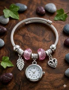 Charm Bracelet Watch with Pink Beads