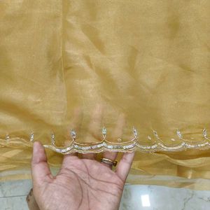 Elegant Golden Saree with Floral Embroidery