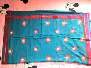 Firozi Saree With Matching Blouse