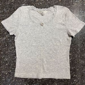 H&M Grey Ribbed Crop Lace-trimmed Top