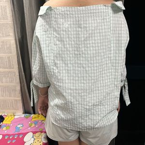 Gingham Off-Shoulder Button-Up Shirt