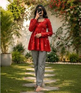 Red Printed Peplum Kurta _M