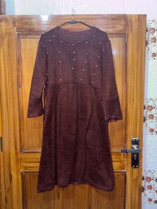 🌸Elegant Brown Kurta Pant Set with Pearl Detail