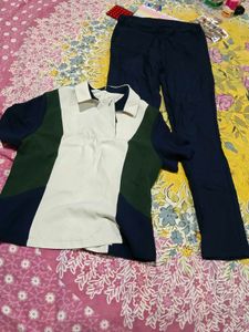 Color Block Polo Shirt &amp; Navy Pants Set