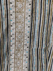 Striped Kurta Set with Embellished Neckline
