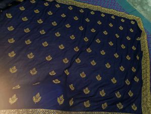 Elegant Navy Blue Embroidered Saree free size Full