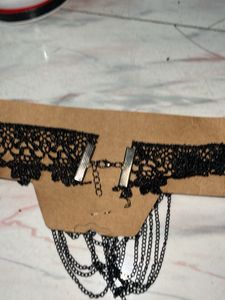 Black Lace Choker Necklace with Chains