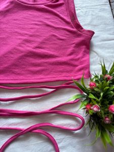 Pink Ribbed Crop Top with Tie Detail (Size-M)