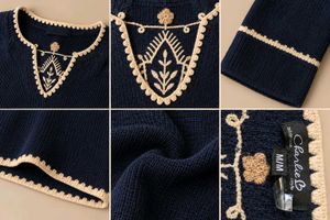 NAVY BLUE EMBROIDERED V-NECK KNIT SWEATER