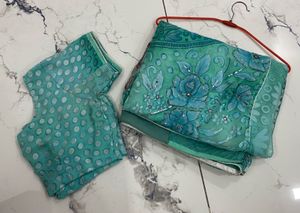 Beautiful Teal Embroidered saare with blouse