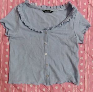 Zudio Blue Textured Ruffle Neck Top