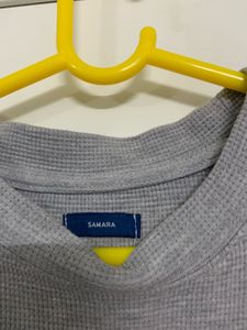 Grey Graphic Print Cropped Waffle Knit T-Shirt