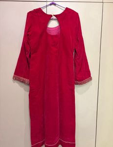 Elegant Pink Velvet Kurta with Intricate Embroider