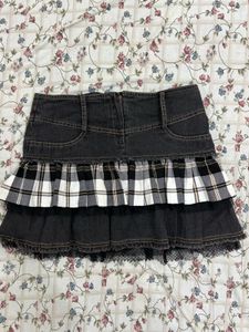 y2k vintage Ruffled Plaid Denim Mini Skirt