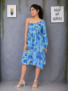 Blue Floral One-Shoulder Midi Dress