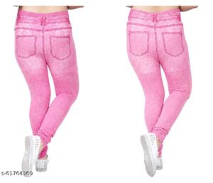 Women's Pink Printed Denim Look Jeggings | Stretch