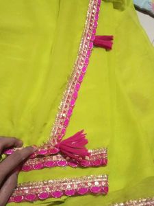 Vibrant Lime Green Saree with Pink Blouse