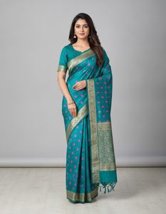 Elegant Teal Silk Saree with Pink Motifs