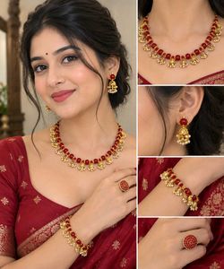 Red Beaded Jewellery Set with Ring