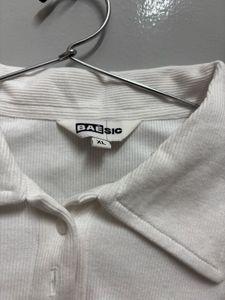 White Collared Cropped Ribbed Top