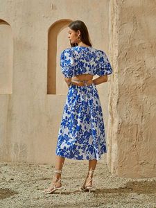 Blue Floral Cut-Out Midi Dress
