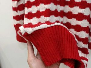 Red and White Striped V-Neck Knit Sweater