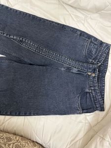 Gray wash Crossover belt Wide Leg Denim Jeans