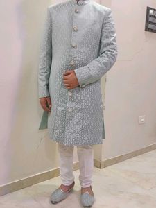 Men's Light Blue Jacquard Kurta
