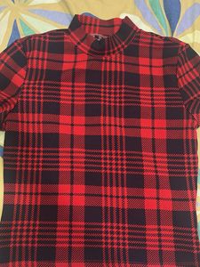 Red Plaid Mock Neck Top