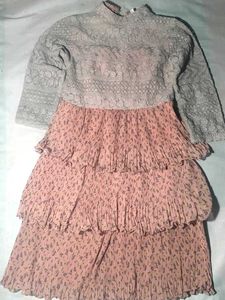 Girls Pink Floral Tiered Dress with Embroidered La