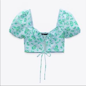 Zara Blue Floral Puff Sleeve Crop Top