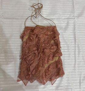 Pink Ruffled Lace Halter Top
