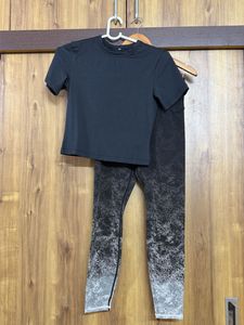 Women's Athleisure Set: Black Top & Ombre Leggings