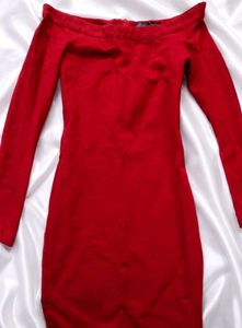 Red Off-Shoulder Long Sleeve Dress