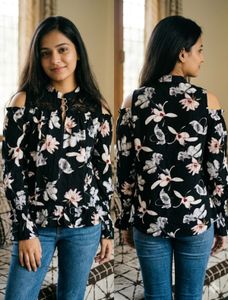 Black Floral Cold Shoulder Top