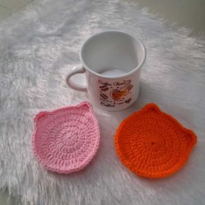 2 Cups and Handmade Crochet Cat Coasters Set