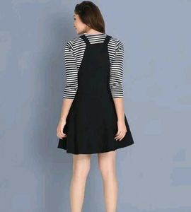 Pink Overalls Dress with Striped Top Set