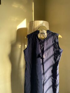 Navy Blue Floral Print Sleeveless Kurta