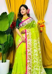Vibrant Lime Green Muslin jamdani saree with blous