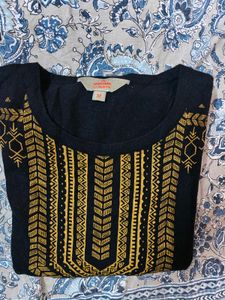 Black and gold printed straight woolen Kurta