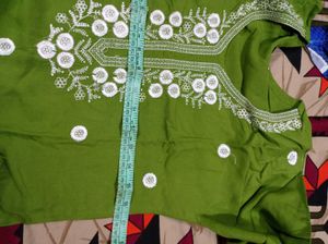 Elegant Olive Green Embroidered Kurti &amp; Pant