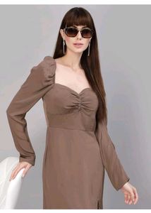 Chic Brown Ruched Long Sleeve Dress
