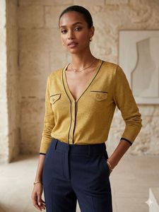 Sparkly Mustard Cardigan with Black Trim