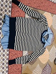 Striped Knit Sweater with Chambray Detail