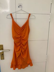 Orange Ruched Ruffle Mini Dress