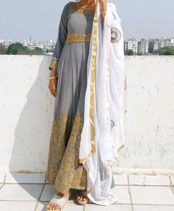 Grey Anarkali Gown with Golden Embroidery
