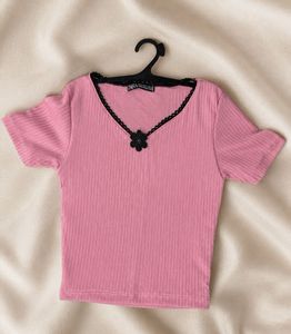 NEW Pink Ribbed Crop Top with Flower Detail