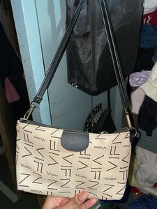 Stylish Cream &amp; Black Logo Handbag